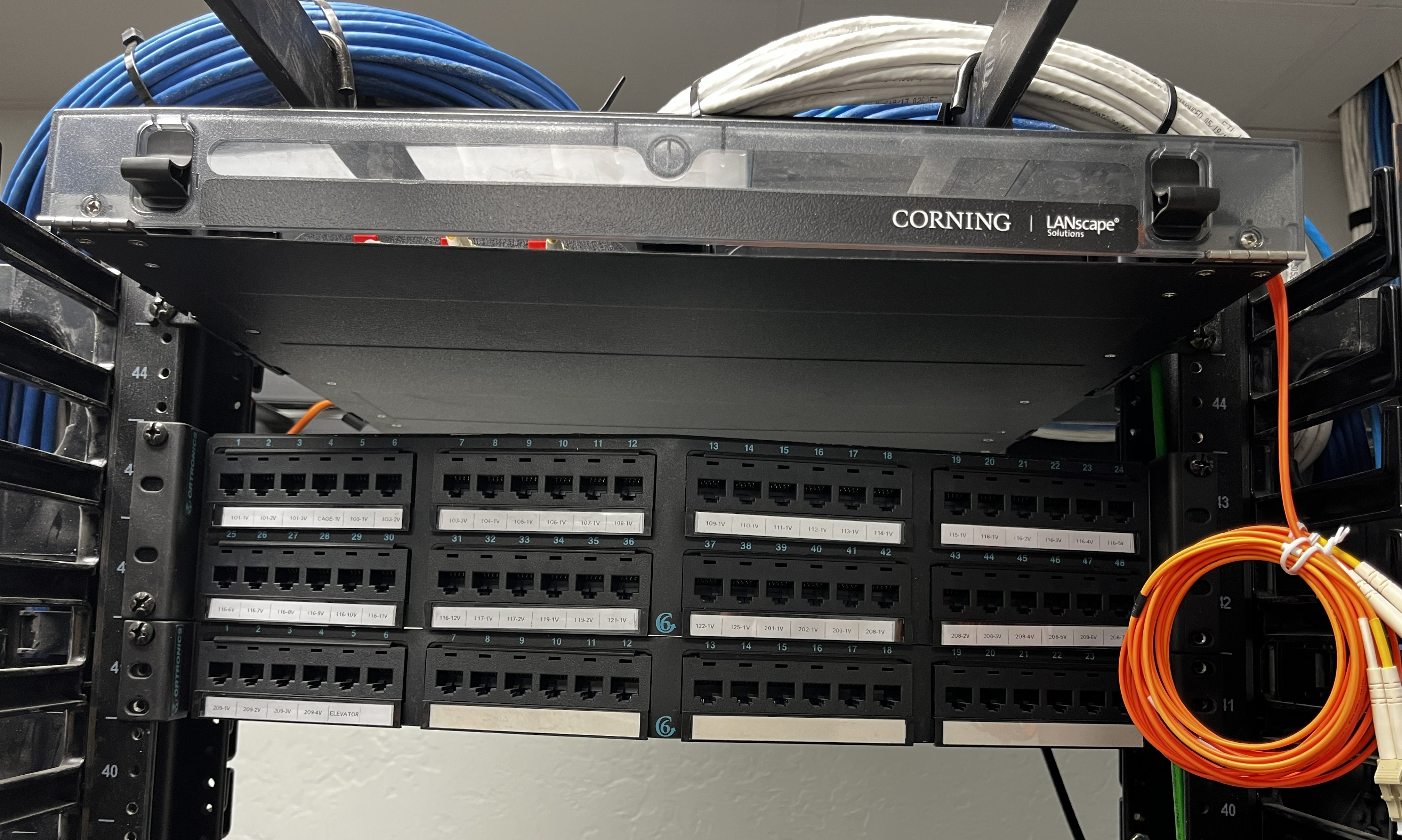 Structured copper and fiber network cabling in a commercial equipment rack