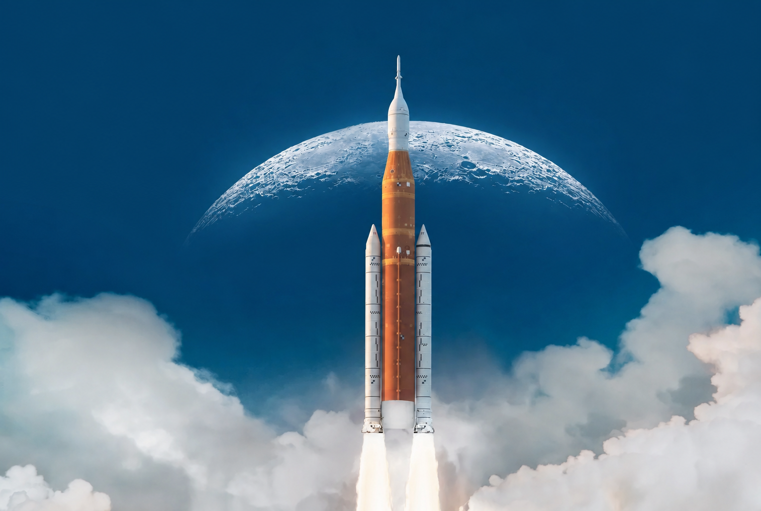 Space launch vehicle rising above clouds with the Moon in the background