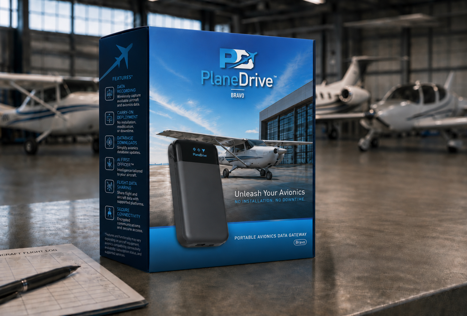 PlaneDrive Bravo portable avionics data gateway product box in an aircraft hangar